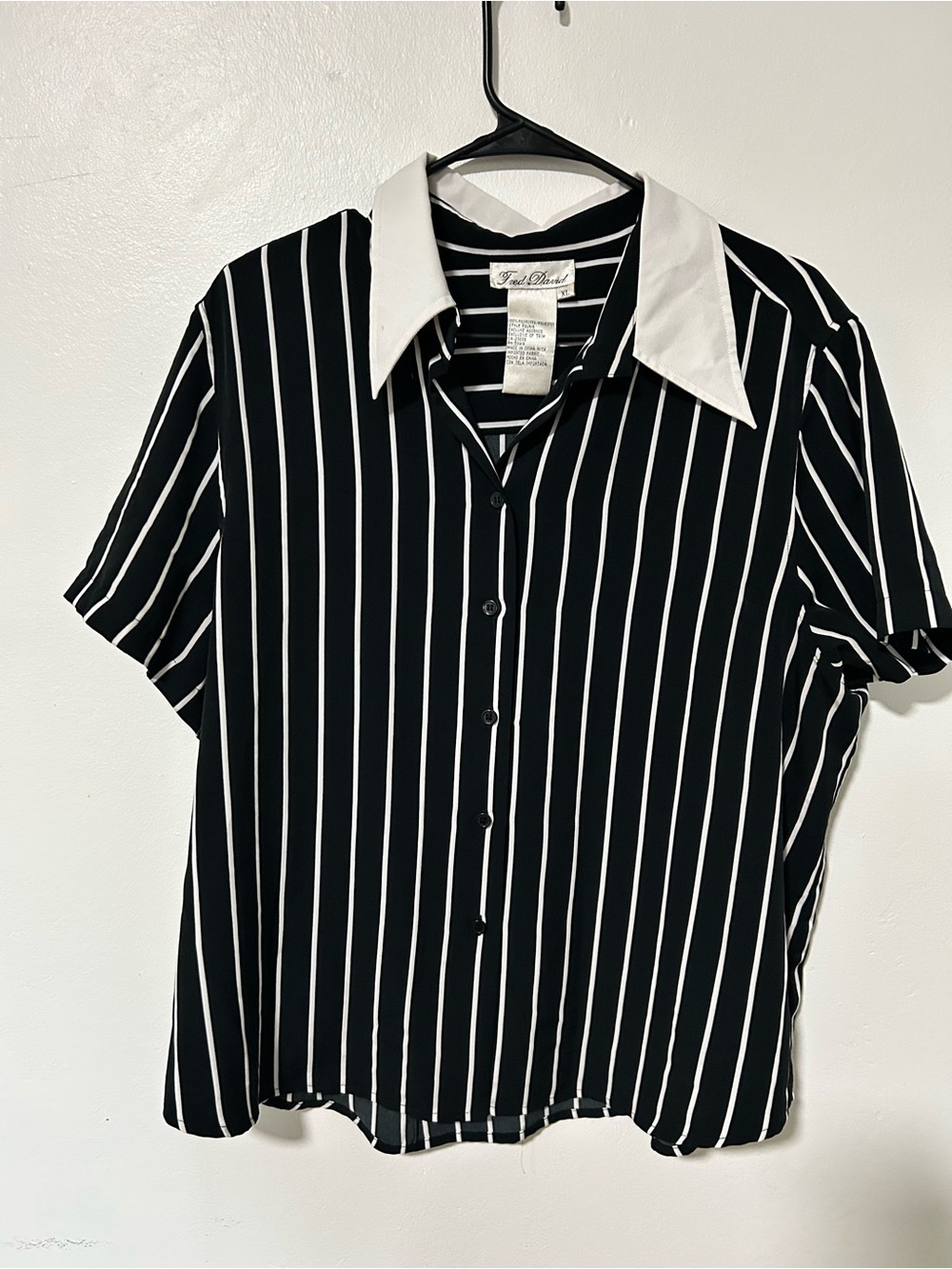 Fred David Black and White Vertical Stripe Blouse with Contrast Collar